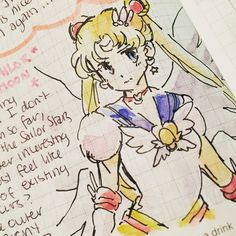 a drawing of sailor moon is shown on a piece of paper with writing underneath it