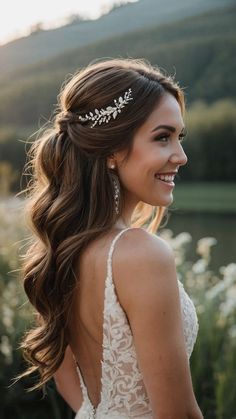 a woman with long hair wearing a wedding dress