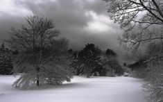 a snow covered field with trees and clouds in the background