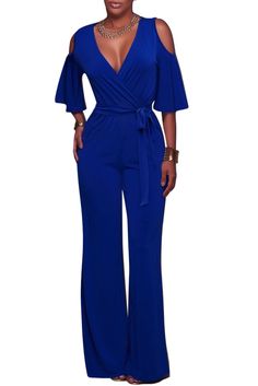 Blue V Neck Straps Wide Legs Long Jumpsuit Spring High-waist Jumpsuits And Rompers, Blue Stretch Jumpsuits And Rompers For Work, Blue High Waist Solid Jumpsuits And Rompers, Chic Blue High-waist Jumpsuits And Rompers, High Waist Blue Jumpsuits And Rompers, High Waist Blue Jumpsuit With Solid Color, Blue Non-stretch Solid Color Jumpsuits And Rompers, Chic High Waist Blue Jumpsuits And Rompers, Blue Solid Color Jumpsuit For Party