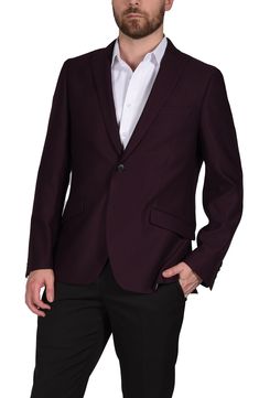 Add a professional edge to your look in this classic slim fit blazer.Fit: this style fits true to size. . Slim fit. Peak lapel. Long sleeves with 4 non-functional buttons. Front button closure. Chest welt pocket; front flap pockets. Interior pockets. Side vents. Burgundy fabric construction. Partially lined. Approx. 30" length . Imported Dry clean 80% Polyester, 18% Rayon, 2% Spandex Fall Season Slim Fit Semi-formal Blazer, Professional Slim Fit Blazer For Office Wear, Slim Fit Fall Blazer For Office, Fall Slim Fit Blazer For Office Wear, Fall Office Wear Slim Fit Blazer, Burgundy Fall Suit For Workwear, Fitted Burgundy Blazer For Work, Elegant Burgundy Suit For Business Casual, Winter Slim Fit Blazer For Office Wear