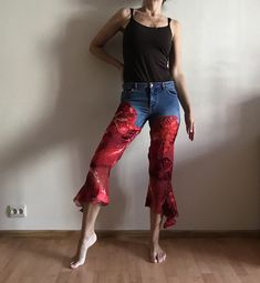 "Women's Denim Pants Vintage Capri Denim Trousers Jeans Pants Recycled Red Silk Eco Friendly 3/4 Length Medium Size Label size: 38 Shown on model S/M Measurements(lying flat): Waist: 15\"/ 38 cm Hips: ~18\"/~46 cm Rise: 9\"/ 23 cm Length: 33\"/ 84 cm Condition: great Vintage Condition Material: 60%silk.20%cotton,20%rayon Brand: Li Li Nucci N.B. Color may slightly differ from picture Please check measurements to insure a proper fit. Remember to allow yourself some extra room for movement. You can compare these with something from your closet that fits you well. Please convo me if you need additional measurements. SHIPPING * I ship worldwide via Priority mail  * I ship from Europe, so please allow 2 to 4 weeks for the package to arrive if you live overseas. * Europe 5 - 10 business days. BK Red Mid-rise Bottoms For Summer, Red High Waist Flare Jeans For Spring, Red Denim Flare Jeans For Spring, Red Straight Leg Jeans For Spring, Summer Cropped Stretch Flare Jeans, Fitted Red Denim Bottoms, Red Jeans For Spring, Fitted Red Flare Jeans For Spring, Red Fitted Denim Bottoms