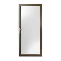 an open door with a mirror on the front and side paneled in wood, against a white background