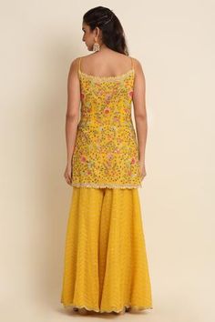 Shop for Priyanka Jain Yellow Georgette Kurta Sharara Set for Women Online at Aza Fashions Festive Embroidered Sleeveless Sharara, Embroidered Sleeveless Sharara For Festive Occasions, Embroidered Sleeveless Sharara For Eid, Sleeveless Embroidered Sharara For Eid, Sleeveless Sharara With Chikankari Embroidery For Festivals, Embroidered Sleeveless Palazzo Set For Diwali, Sleeveless Embroidered Palazzo Set For Diwali, Sleeveless Embroidered Palazzo Set For Festivals, Embroidered Sleeveless Palazzo Set For Festivals