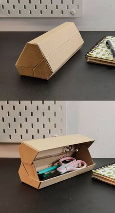 pencil case made out of cardboard. Pattern is available Diy Pencil Case, Cardboard Design, Idee Cricut, Cardboard Crafts Diy, Diy Pencil, Instruções Origami, Anna White Diy, Handmade Paper Crafts, Anna White Diy Plans Furniture