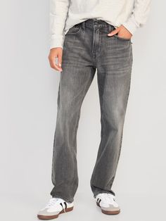 Loose Built-In Flex Jeans | Old Navy Mens Street Style Jeans, Gray Jeans Men, Grey Jeans Outfit, Men Jeans Loose, Grey Jeans Men, Jeans Outfit Men, True Winter, Leg Model, Work Jeans