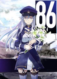 an anime character with long white hair holding flowers in front of a sign that reads 86