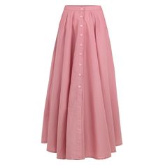 Arum button-down maxi skirt was designed in Bali where the most beautiful tropical flowers bloom. The result is as feminine as ever. Arum skirt is something that is equally elegant and fun - featuring ultra-wide maxi skirt and romantic silhouette with button-down details. Made of a very soft cotton fabric, this skirt has a light and flowy elegance to its character.  ARUM skirt features a pleat detailing, wide A-line silhouette, slip pockets to the sides, and smocked elastic band on the waist for comfortable fitting. Finish off the look with ARUM Flared Bamboo Top with matching blush color.  Composition: 100% Cotton Machine wash in a slow & gentle cycle Machine dry in low temperature Iron in medium temperature Pink Maxi Dress With Lined Skirt, Feminine Relaxed Maxi Skirt, Spring Pink Maxi Dress With Lined Skirt, Pink Spring Maxi Dress With Lined Skirt, Feminine Pleated Maxi Skirt, Chic Pink Maxi Length Skirt, Chic Pink Maxi Skirt, Spring Buttoned Maxi Skirt, Buttoned Maxi Skirt For Spring