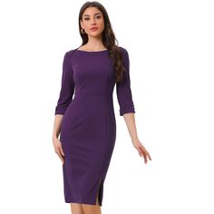 The formal pencil dress goes great with any body shape, comes in a wide range of sizes, and looks just great on you whenever and wherever you decide to wear it. Pair it with high heels and a handbag for an elegant and urban chic lady outfit. The women's bodycon dress is elegant and professional, showing your unique personal charm and producing a slimming visual effect. Formal Slim Fit Sheath Bodycon Dress, Fitted Career Dress With 3/4 Sleeves, Fitted Half Sleeve Office Dress, Fitted Half Sleeve Midi Dress For Work, Fitted Half Sleeve Midi Dress For Office, Fitted Midi Dress With Half Sleeve For Work, Formal Stretch Midi Dress With 3/4 Sleeve, Fitted Midi Dress With 3/4 Sleeve For Office, Fitted Office Dress With 3/4 Length