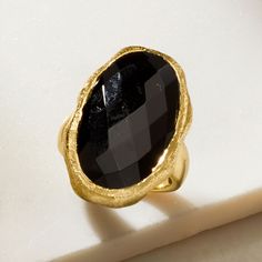 Ross-Simons - Onyx Ring in 18kt Gold Over Sterling. Size 8. Black, bold, breathtaking. In this chic ring, a simple setting of textured and polished 18kt yellow gold over sterling silver allows this faceted 15x25mm onyx oval to shine. 1 1/8" wide. Onyx ring. Elegant Hammered Rings For Formal Occasions, Chic Polished Finish Formal Ring, Modern Gold Ring With Large Stone, Elegant Hammered Rings, Elegant Yellow Gold Ring With Large Stone, Elegant Yellow Gold Rings With Large Stone, Modern Gold Rings With Large Stone, Gold Onyx Round Jewelry, Luxury Round Onyx Jewelry