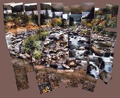 a collage of pictures with rocks and trees in the foreground, on top of a brown background