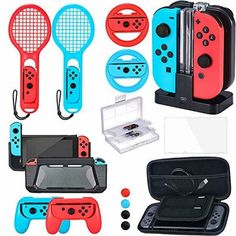 several different types of video game controllers and accessories for the nintendo wii system, including tennis rackets