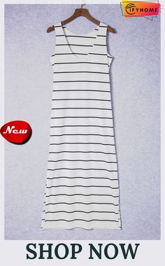 White Stripe Print Open Back Sleeveless Maxi Dress with Slits Casual Sleeveless Midi Dress With Side Slits, Spring Sleeveless Maxi Dress With Split Design, Casual Sleeveless Maxi Dress With Side Slits, Casual Sleeveless Dress With Side Slits For Spring, Sleeveless Midi Dress With Side Slits For Vacation, Casual Summer Maxi Dress With Split Design, Casual Beach Midi Dress With Split Hem, Casual Maxi Dress With Split Hem, White Midi Dress With Side Slits For Vacation