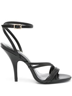 black calf leather multi-way strap design round open toe buckle-fastening ankle strap branded footbed 100mm stiletto heel This piece comes complete with a protective dust bag. Strappy Leather Sandals, Strap Design, Stiletto Heel, Black Sandals, Women's Shoes Sandals, Leather Sandals, Calf Leather, Ankle Strap, Stiletto Heels