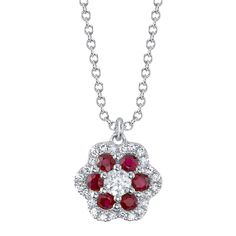 14K Gold Diamond And Ruby Flower Pendant Necklace Natural Round Cut 0.38 CTWModel Number: SDL55025690WY Brilliant Cut Flower Pendant Jewelry, White Gold Fine Jewelry With Flower Charm, Fine Jewelry White Gold Flower Pendant, White Gold Flower Shaped Necklace With Brilliant Cut, White Gold Flower-shaped Necklace With Brilliant Cut, White Gold Flower Necklaces With Diamond Accents, Fine Jewelry Flower Shaped Necklace With Diamond Accents, Fine Jewelry Diamond Flower Necklace, Formal White Gold Necklace With Flower Shape