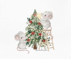 a painting of two mouses on a ladder next to a christmas tree with red berries