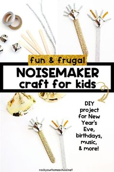 Gold and silver washi tape, silver jingle bells, silver pipe cleaners, and popsicle sticks and 4 DIY noisemaker crafts for kids. Diy Projects For Kids, Pipe Cleaners, Noise Makers, Fun Craft, Popsicle Sticks, Get The Party Started, Pipe Cleaner, Jingle Bells