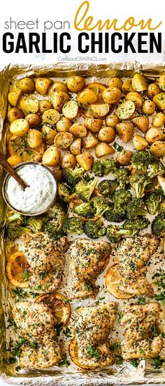 sheet pan lemon garlic chicken with potatoes and broccoli on the side is shown