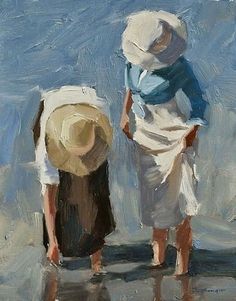 an oil painting of two people standing on the beach looking out at the water and one is wearing a white hat