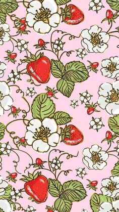 strawberrys and flowers on pink background with green leaves, white flowers and red strawberries