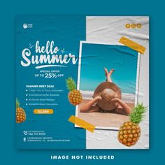 a flyer for a summer party with pineapples and a woman laying on the beach