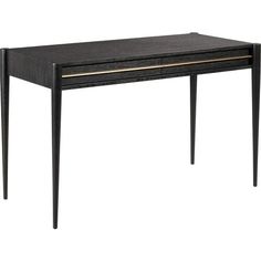 a black desk with gold trimmings on the top and bottom drawer, against a white background