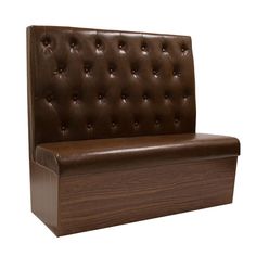 a wooden bench with brown leather upholstered seat