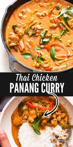 thai chicken and panang curry in a white bowl with text overlay that reads, thai chicken and panang curry