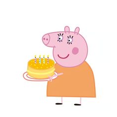 peppa pig holding a cake with candles on it