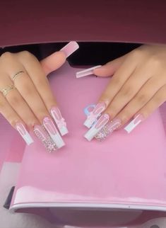 Pink French Tips, Pink French, French Tips, Types Of Nails, Rhinestone Nails, Pink Nails, Acrylic Nails, Pink, White