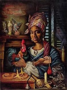 a painting of a woman holding a rooster