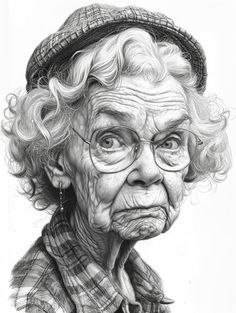 an old woman with glasses and a hat is shown in this black and white drawing