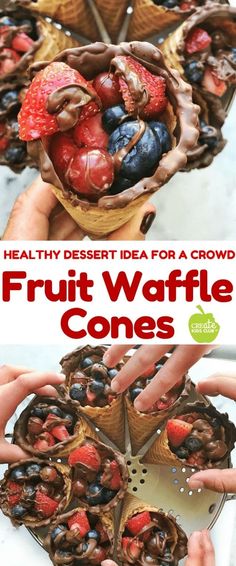 fruit waffle cones with chocolate and strawberries in the middle, on top of each other