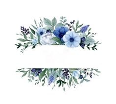 watercolor blue flowers and greenery are arranged in the shape of a rectangle