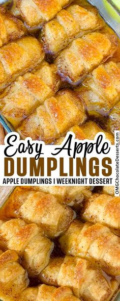 an easy apple dumpling recipe with apples in the background and text overlay that reads easy apple dumplings