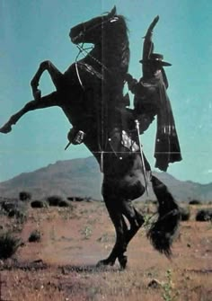 a man riding on the back of a black horse in an open field with mountains in the background