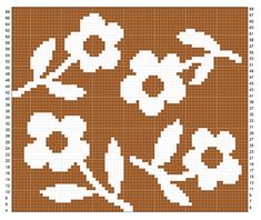 a cross stitch pattern with white flowers on brown background