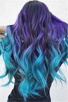 blue ombre hair color trend in 2019; trendy hairstyles and colors 2019; blue ombre hair; #haircolor #blueombrehair Blue And Purple Hair, Hair Colorful, Blue Ombre Hair, Hair Dyed, Galaxy Hair, Beautiful Hair Color, Hair Color Purple