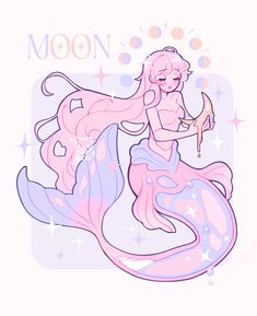 a pink and blue mermaid with stars on it's tail, holding a starfish