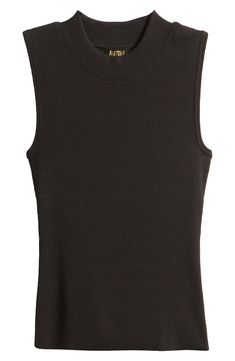 Cut from a stretchy ribbed knit for a figure-skimming fit, this top makes a great layer and looks great as the shoulder-flaunting solo star of your look. 22 1/2" length (size Medium) Mock neck Sleeveless 95% organic pima cotton, 5% spandex Machine wash, tumble dry Made in Peru Black Sleeveless Top With Ribbed Neckline, Classic Sleeveless Ribbed Top, Classic Black Tank Top, Sleeveless Tops With Ribbed Neckline For Workwear, Sleeveless Fitted Top With Ribbed Neckline, Fitted Sleeveless Top With Ribbed Neckline, Ribbed Tank Top For Workwear, Ribbed Tank Top For Work, Sleek Ribbed Fitted Top