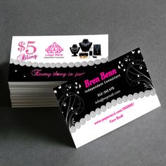 two business cards with black and white designs on them, one has a pink diamond