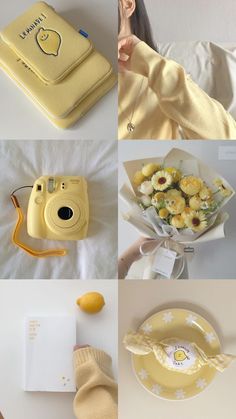 a collage of photos with yellow items and accessories on them, including a camera