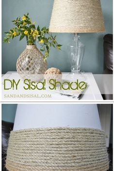 two pictures side by side with the same lamp shade on top and bottom, one is made out of rope