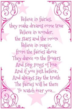 a poem written in pink with stars and swirls on the border, which reads believe in