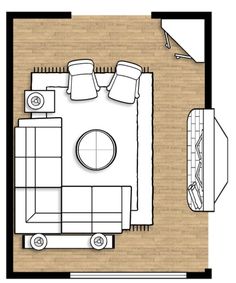 a drawing of a living room and bedroom with furniture in the floor plan, top view