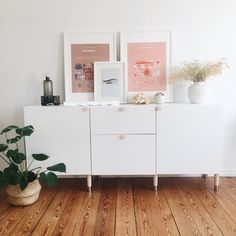 there is a plant and two pictures on top of the dresser in this room with wood flooring