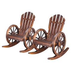 two wooden rocking chairs sitting next to each other