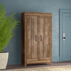 a wooden cabinet sitting next to a potted plant on top of a carpeted floor