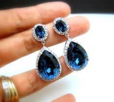 wedding jewelry bridal jewelry wedding earrings bridal earrings Clear white teardrop AAA cubic zirconia and blue crystal on oval cz post Navy Blue Earrings, Earrings Bride, Droplet Earrings, Sapphire And Diamond Earrings, Hot Jewelry, Alloy Earrings, Anniversary Jewelry, Wedding Bridal Jewellery, Jewelry Bridal