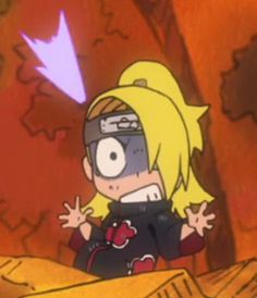 an anime character with yellow hair and black eyes standing in front of a red background